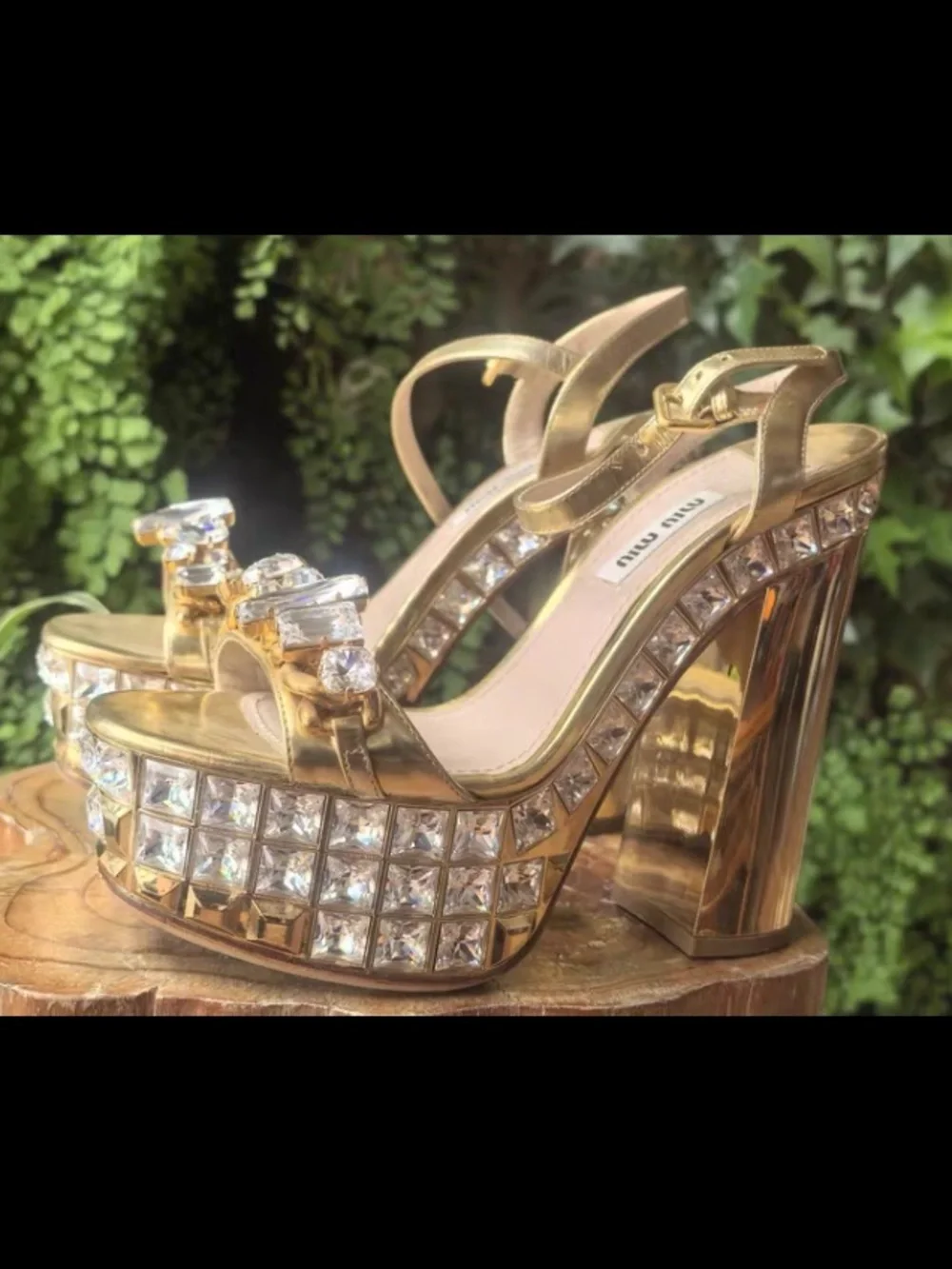 Miu Miu Gold Crystal-Embellished Platform Sandals